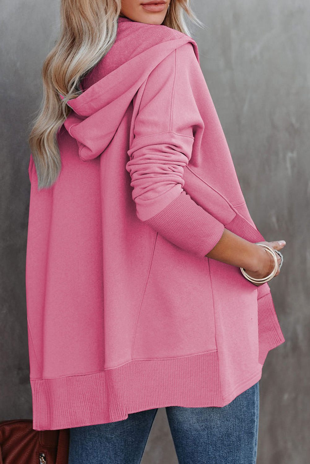 Pink Batwing Sleeve Pocketed Henley Hoodie Sweatshirts & Hoodies JT's Designer Fashion
