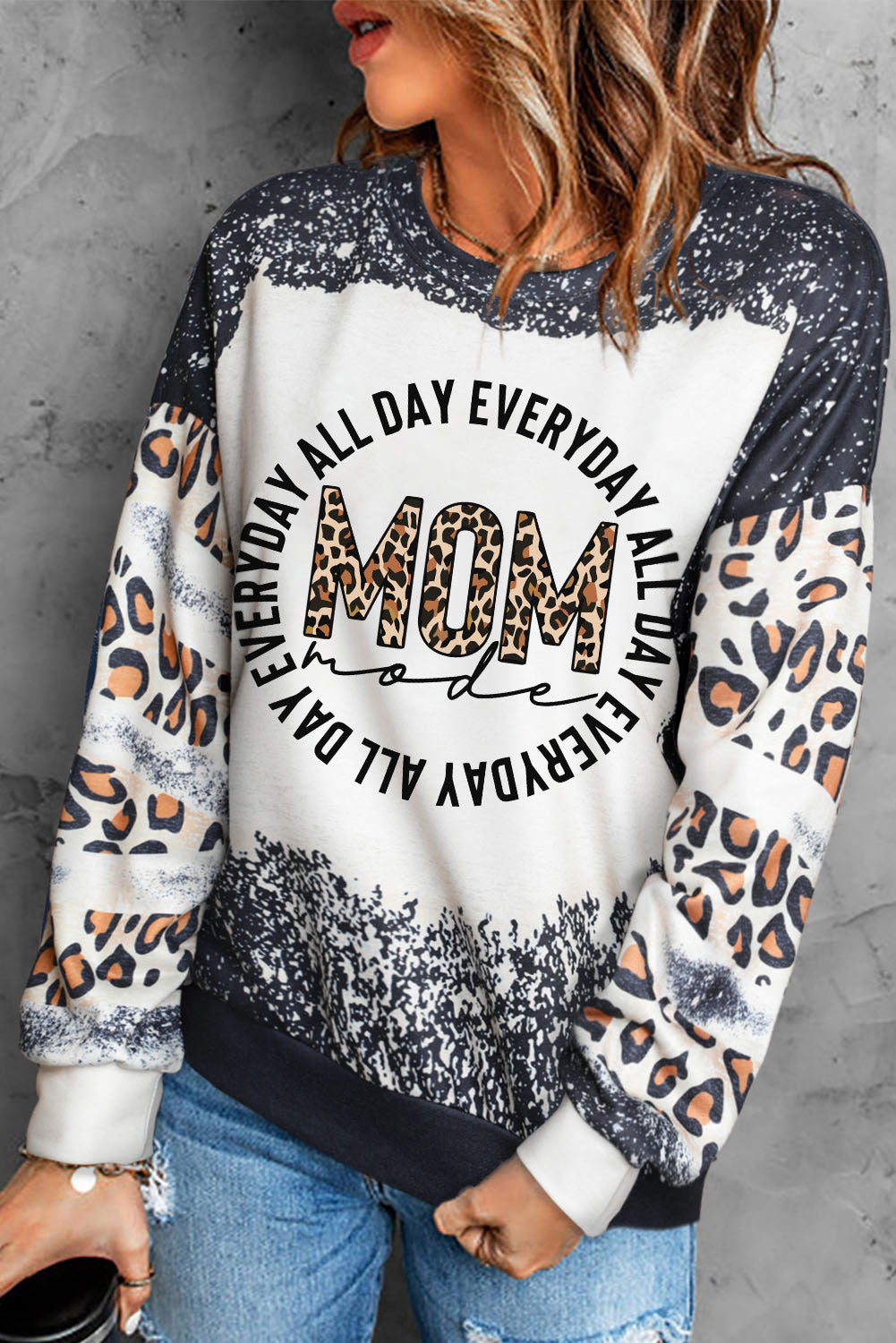 Black MOM Letter Graphic Print Leopard Bleached Sweatshirt Graphic Sweatshirts JT's Designer Fashion