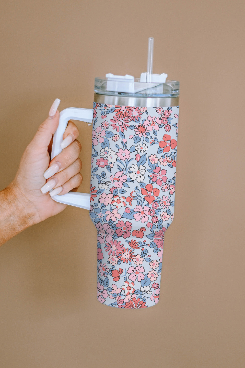 Multicolour Floral Print Handled Stainless Tumbler with Straw Tumblers JT's Designer Fashion
