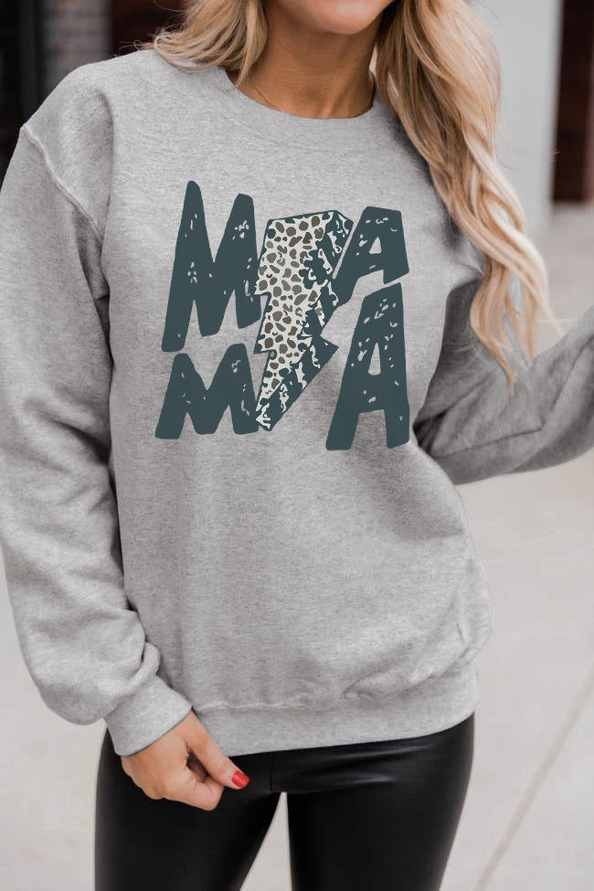 Gray MAMA Lightning Leopard Print Long Sleeve Sweatshirt Graphic Sweatshirts JT's Designer Fashion