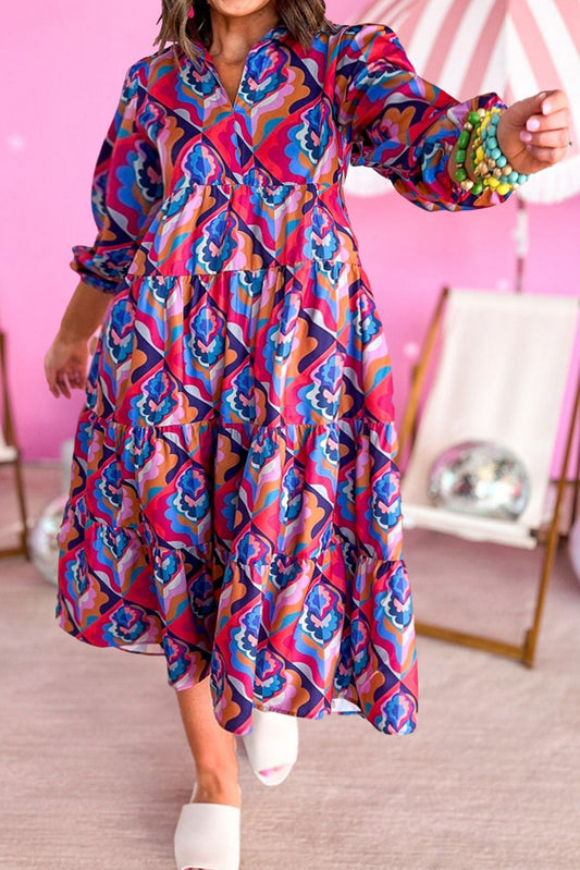 Multicolour Geometric Floral Print High Waist Plus Size Dress Plus Size JT's Designer Fashion