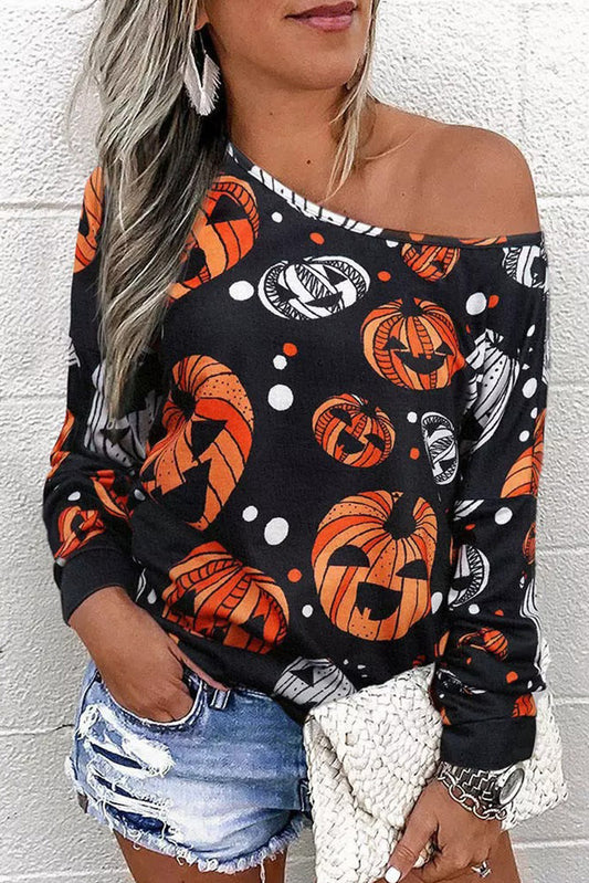 Black Halloween Pumpkin Face Crew Neck Top Black 95%Polyester+5%Elastane Long Sleeve Tops JT's Designer Fashion