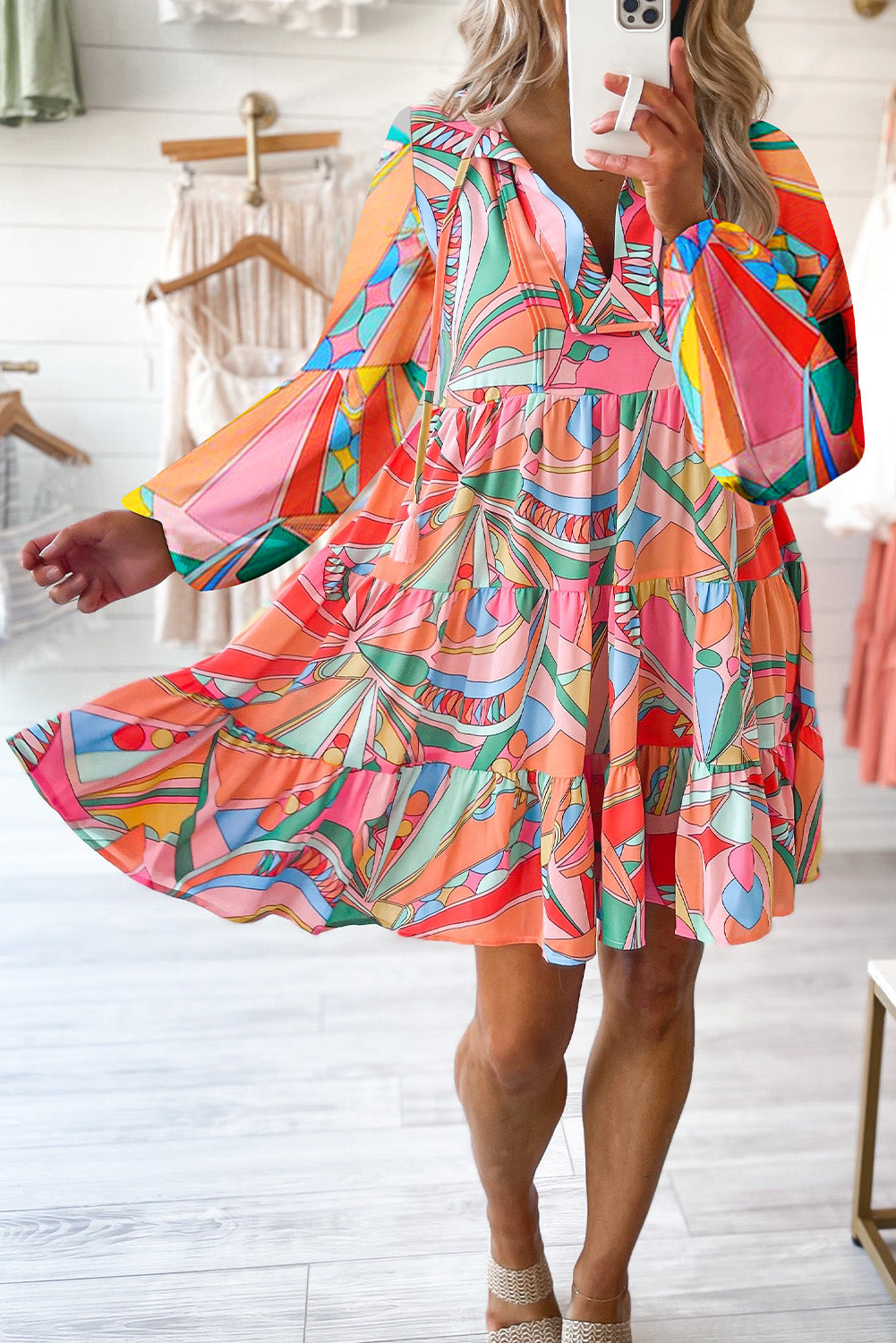 Multicolor Geometric Print Split Neck Ruffle Tiered Mini Dress Dresses JT's Designer Fashion