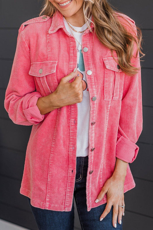 Pink Corduroy Knit Button Flap Pocket Jacket Outerwear JT's Designer Fashion