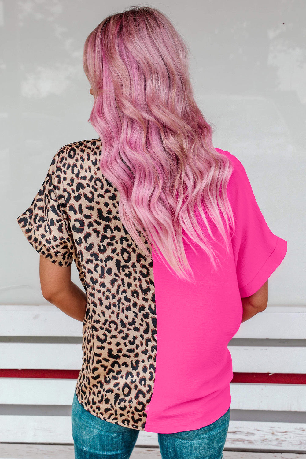 Barbie Style Rose Contrast Leopard Color Block Blouse Blouses & Shirts JT's Designer Fashion