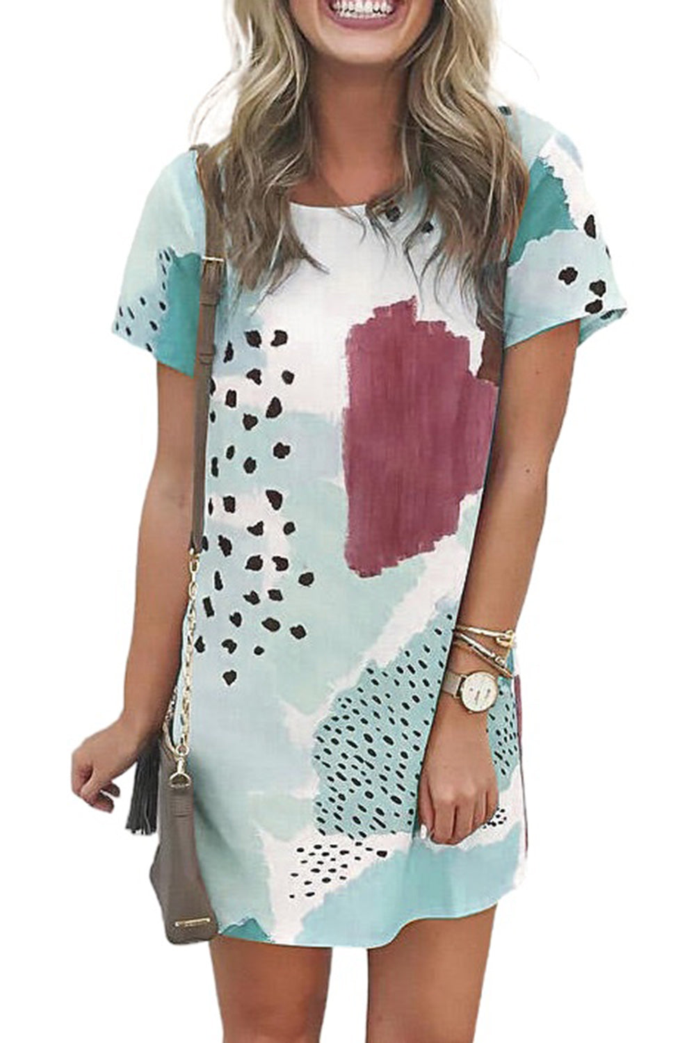 White Leopard Splicing Color Block Mini Dress T Shirt Dresses JT's Designer Fashion