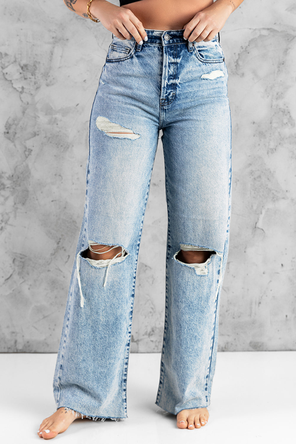 Sky Blue Distressed Hollow-out Knees Wide Leg Jeans Jeans JT's Designer Fashion