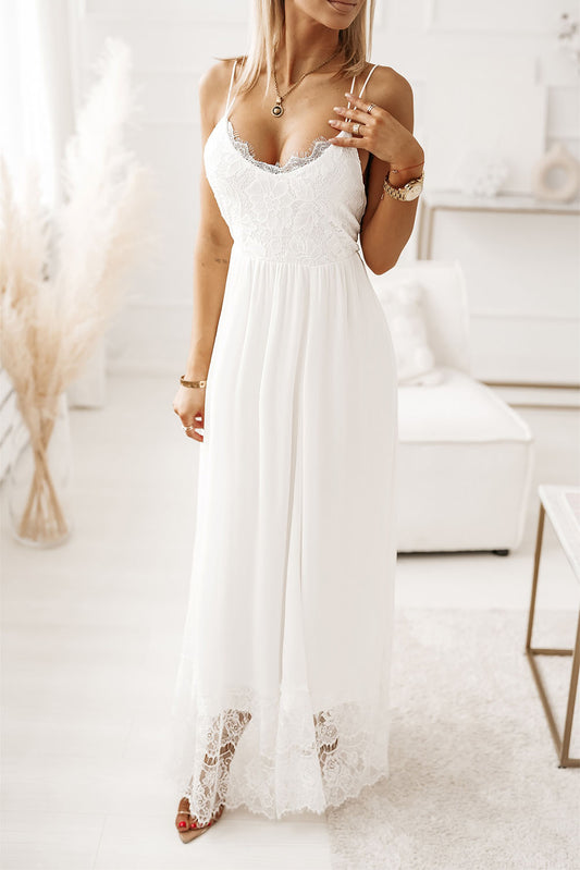 White Spaghetti Strap Backless Contrast Lace Wedding Dress White 100%Polyester Evening Dresses JT's Designer Fashion