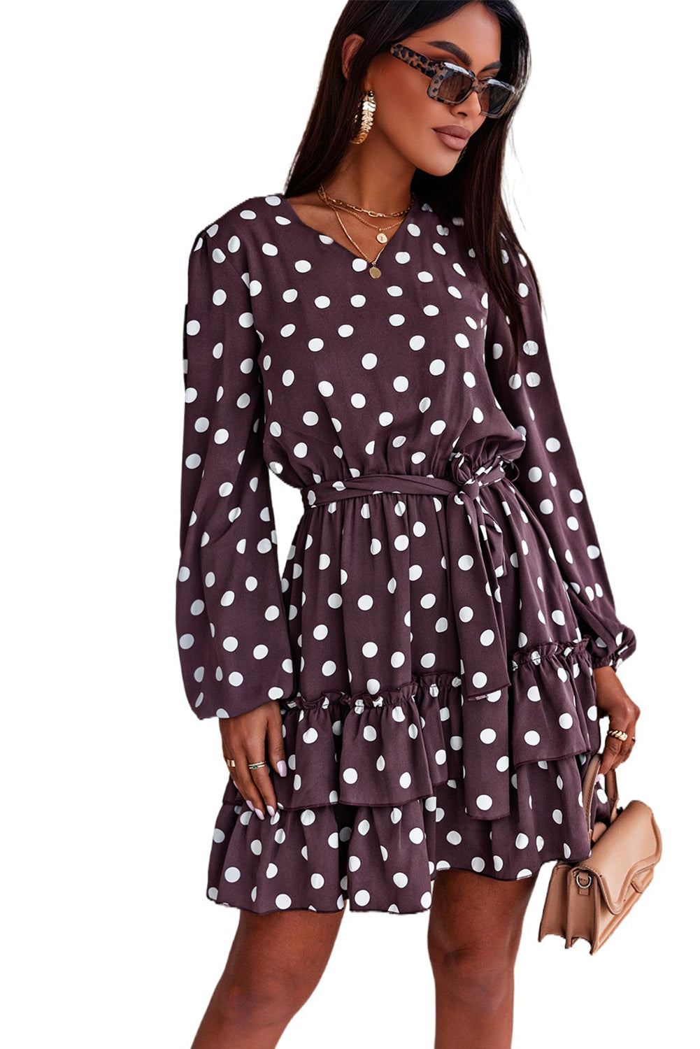 Brown Polka Dot Print Lace-up Ruffled Mini Dress Mini Dresses JT's Designer Fashion