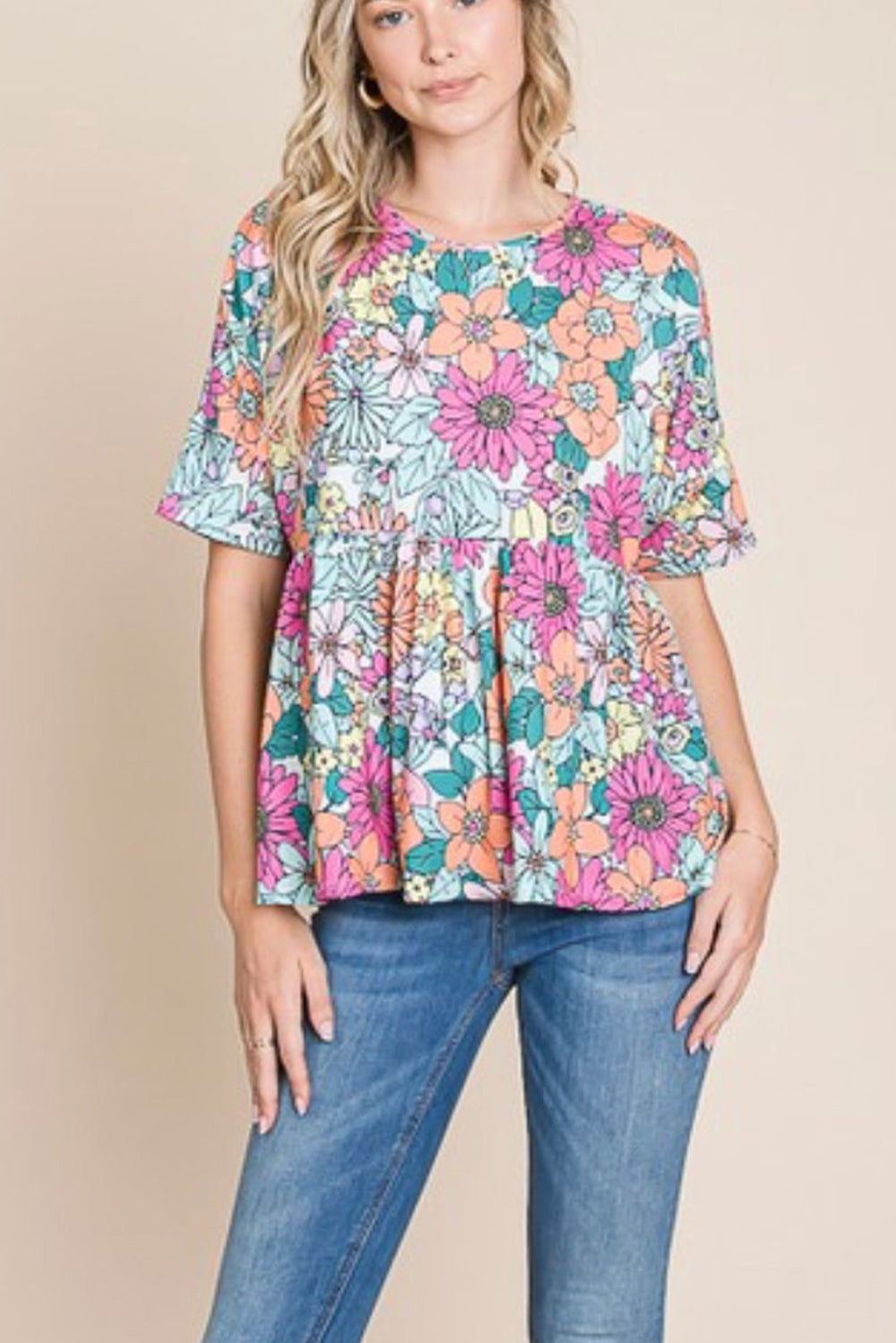Multicolor Bohemian Flower Print Flowy Short Sleeve Top Tops & Tees JT's Designer Fashion