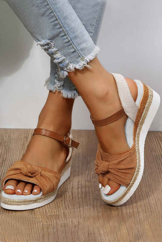 Brown Bow Knot Detail Espadrille Ankle Strap Wedge Sandals Sandals JT's Designer Fashion