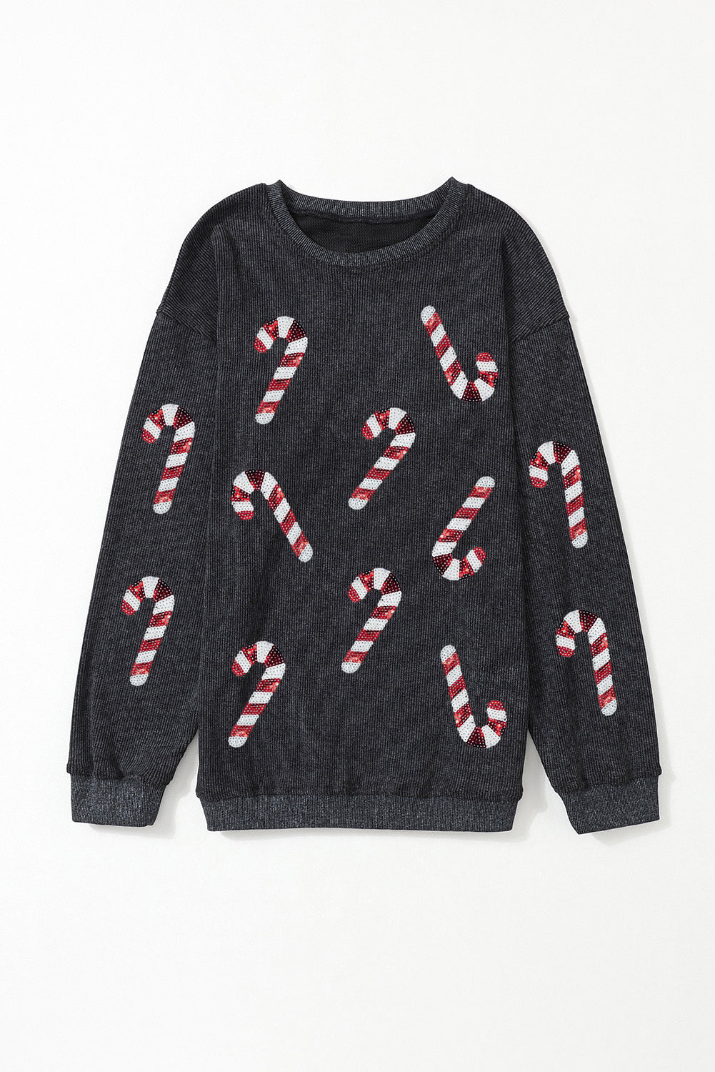 Black Xmas Candy Cane Shining Graphic Corded Sweatshirt Graphic Sweatshirts JT's Designer Fashion