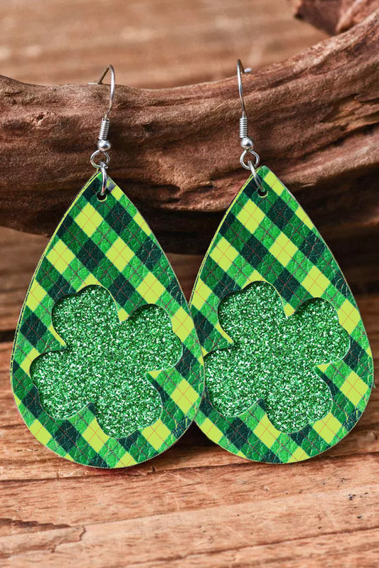 Green St. Patricks Day Lucky Shamrock Glitter Plaid Earrings Jewelry JT's Designer Fashion