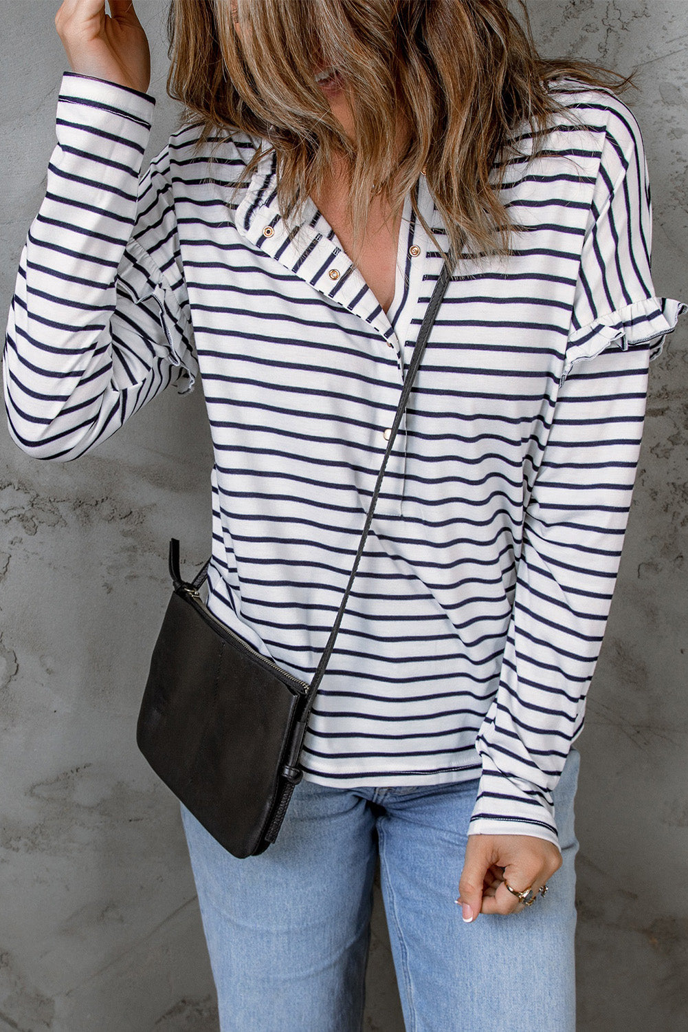 White Striped Print Ruffled Buttoned Long Sleeve Top Long Sleeve Tops JT's Designer Fashion