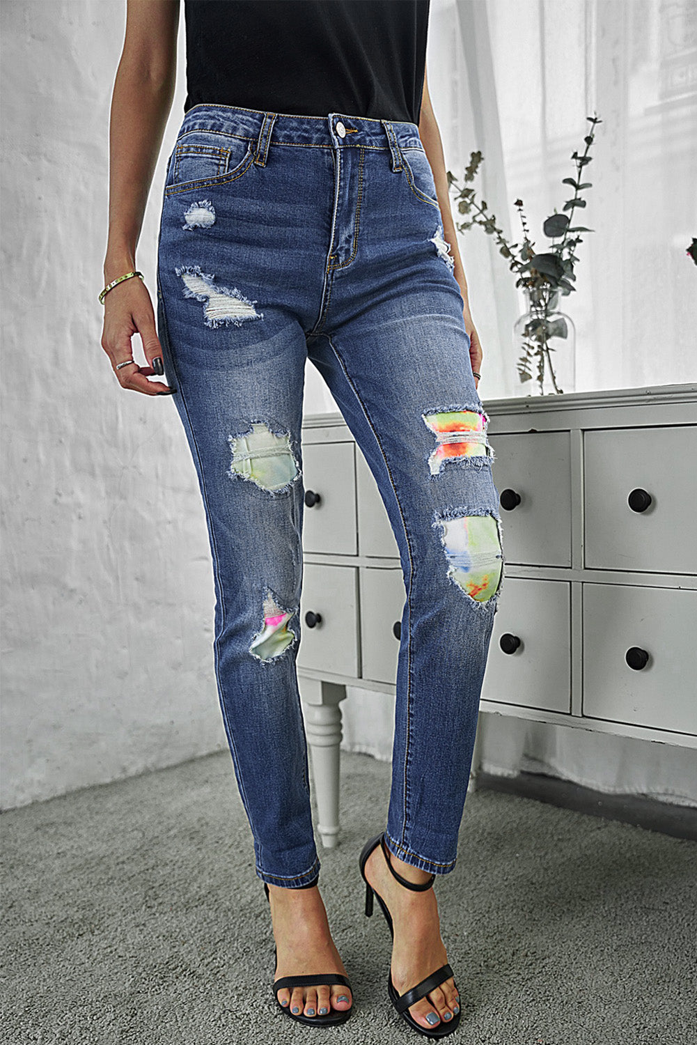 Tie Dye Patch Destroyed Skinny Jeans Jeans JT's Designer Fashion