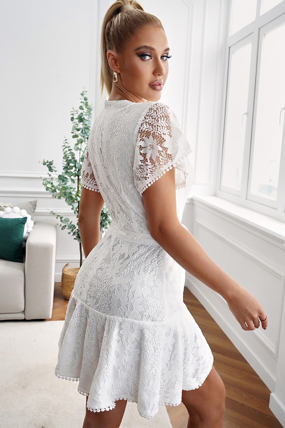 White Flutter Sleeve Wrap V Neck Floral Lace Short Dress Mini Dresses JT's Designer Fashion