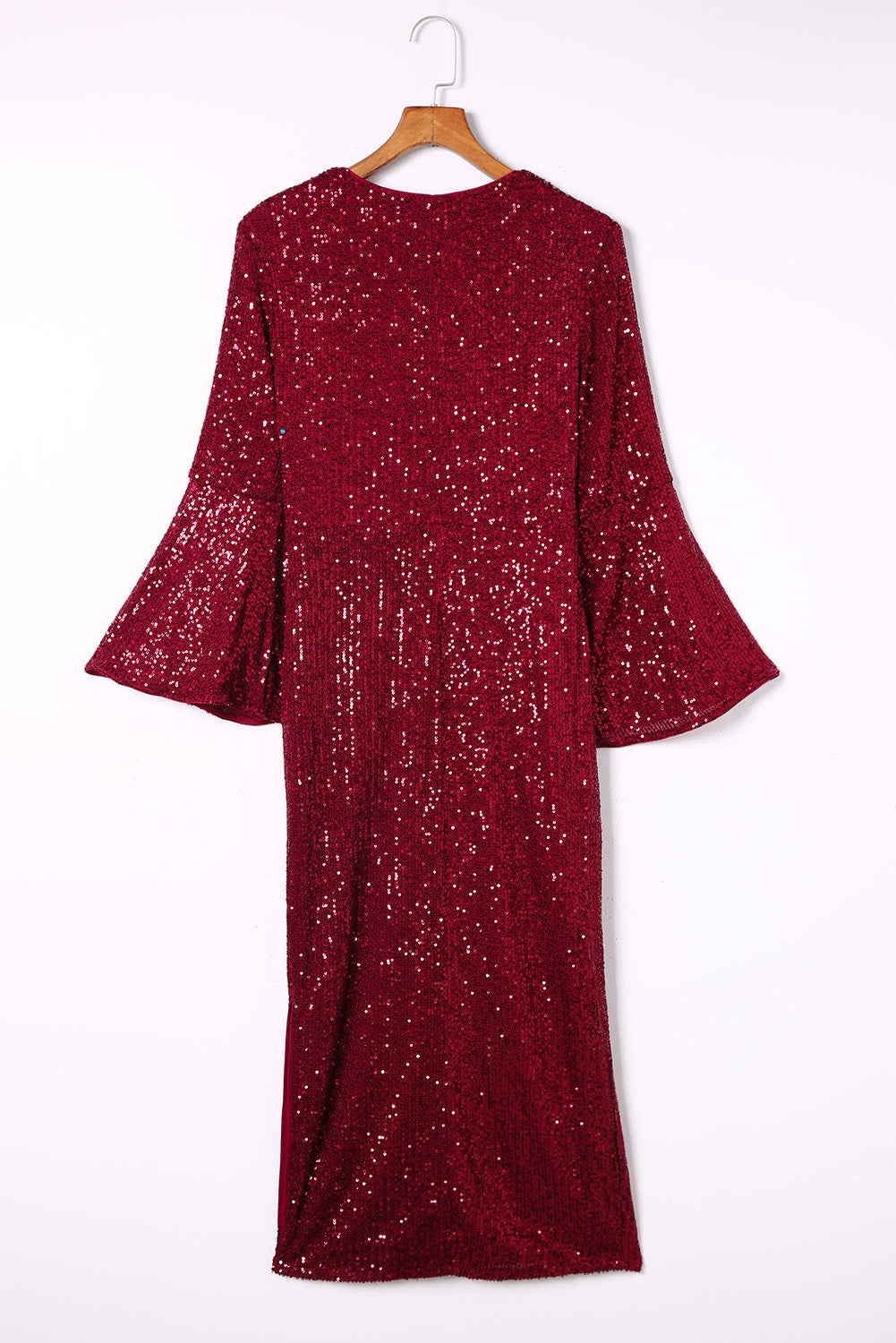 Red Deep V Neck Bell Sleeve Sequin Dress Sequin Dresses JT's Designer Fashion