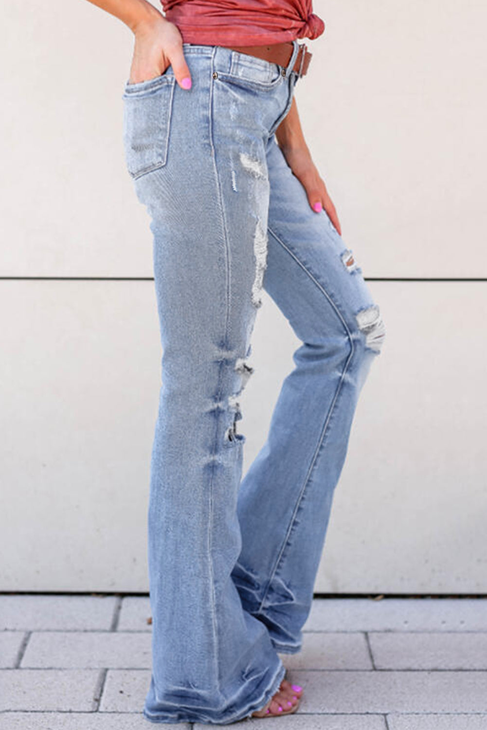 Sky Blue Distressed Mid Waist Ripped Flare Jeans Jeans JT's Designer Fashion