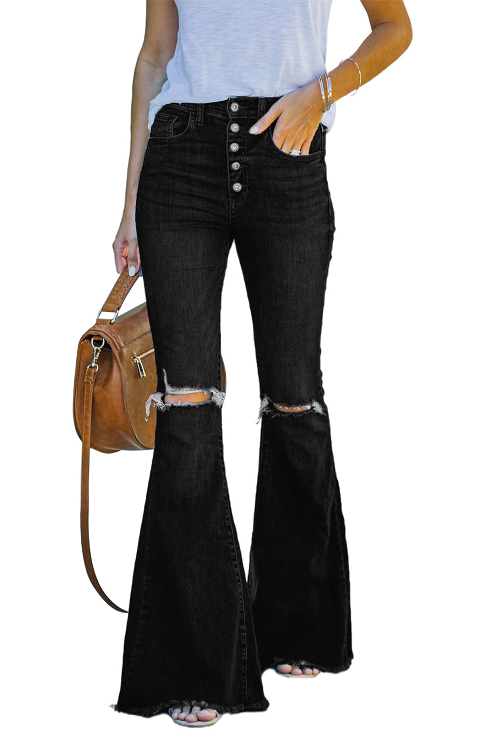 Black Casual Ripped Cut Out Flare Jeans Jeans JT's Designer Fashion