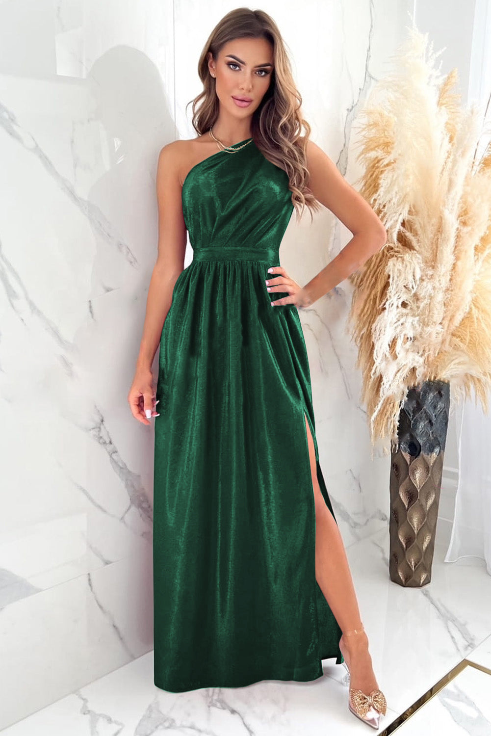 Green Shiny Velvet One Shoulder Long Split Dress Evening Dresses JT's Designer Fashion