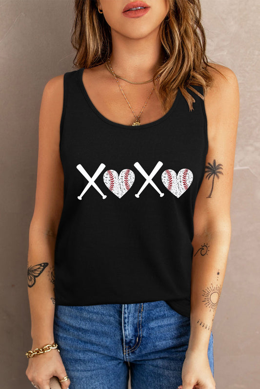Black XOXO Baseball Heart-shape Print U Neck Tank Top Black 95%Polyester+5%Spandex Graphic Tees JT's Designer Fashion