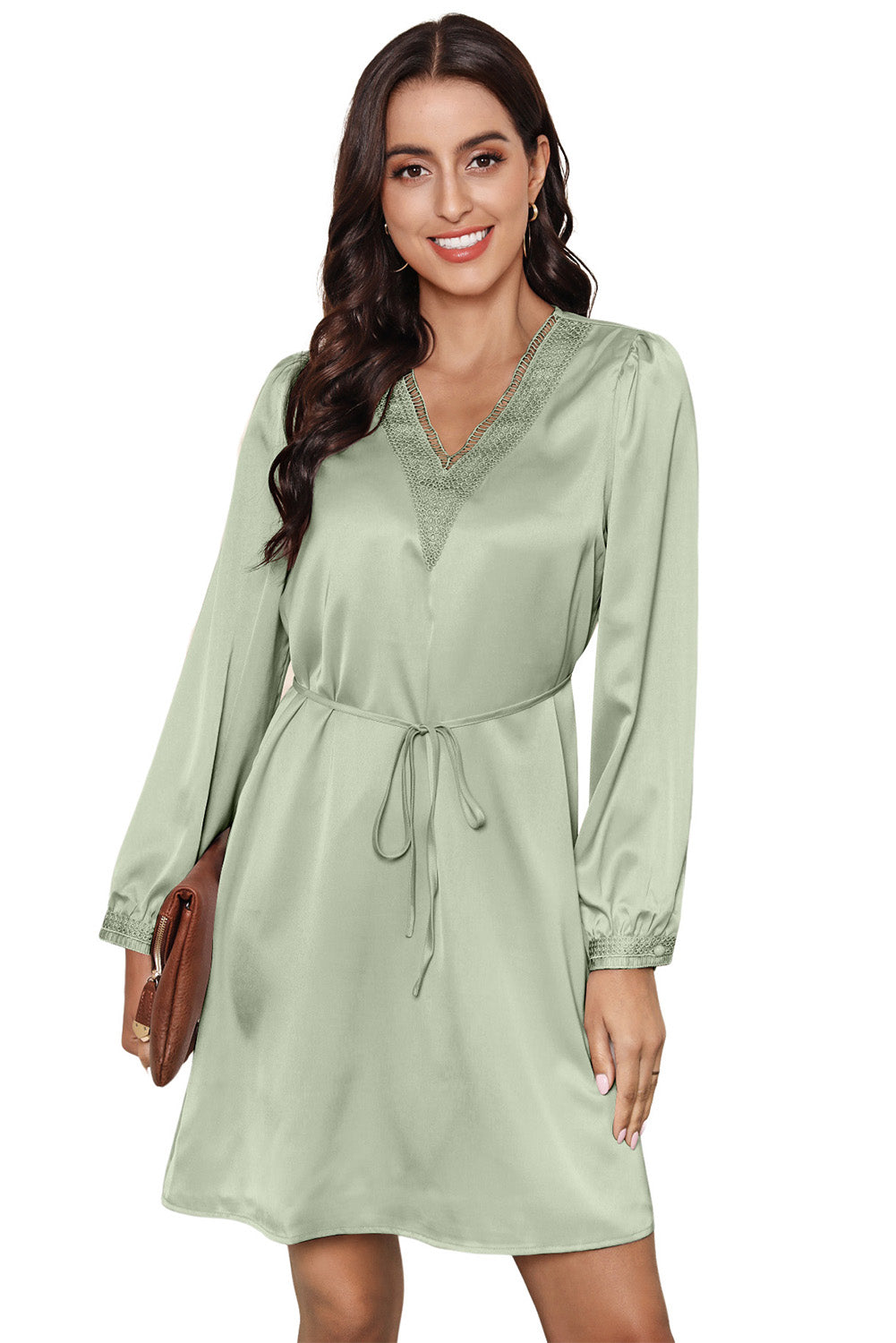 Green Lace Trim V Neck Tie Waist Long Sleeve Dress Mini Dresses JT's Designer Fashion