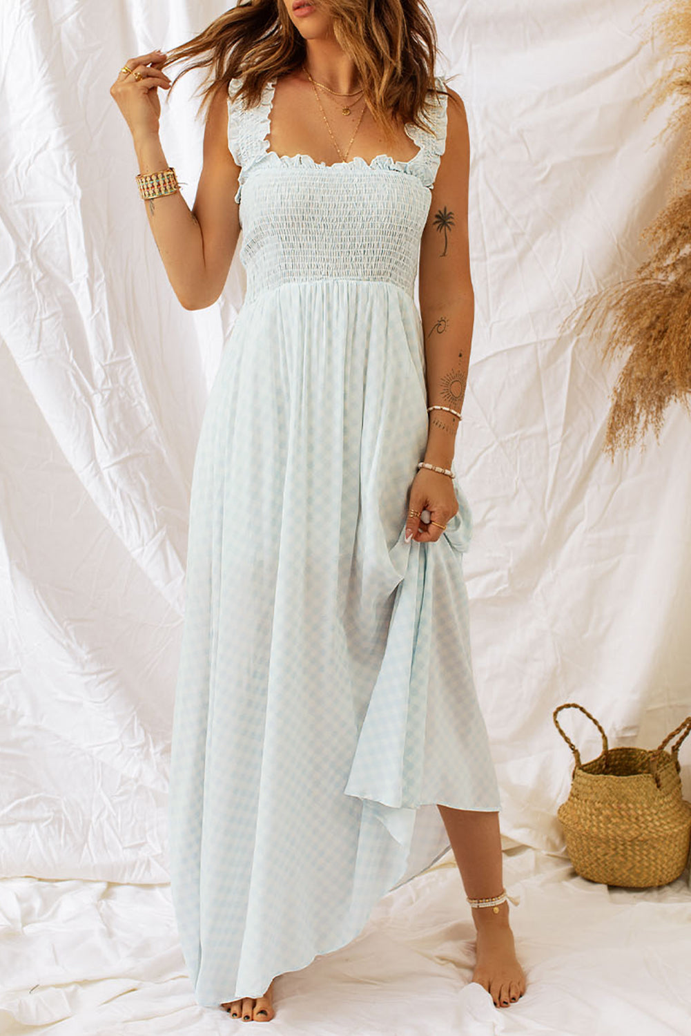 Beige Ruffled Straps Smocked Bodice Maxi Dress Beige 100%polyester Maxi Dresses JT's Designer Fashion