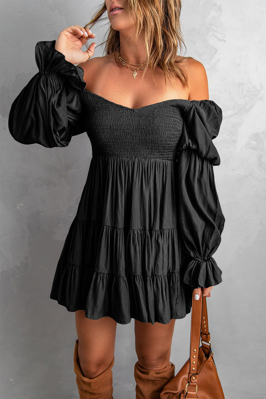 Black Boho Solid Shirred Ruffle Mini Dress Mini Dresses JT's Designer Fashion