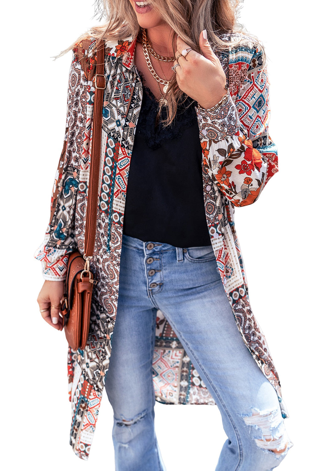 Multicolour Mix Floral Print Shirt Style Flowy Cardigan Outerwear JT's Designer Fashion