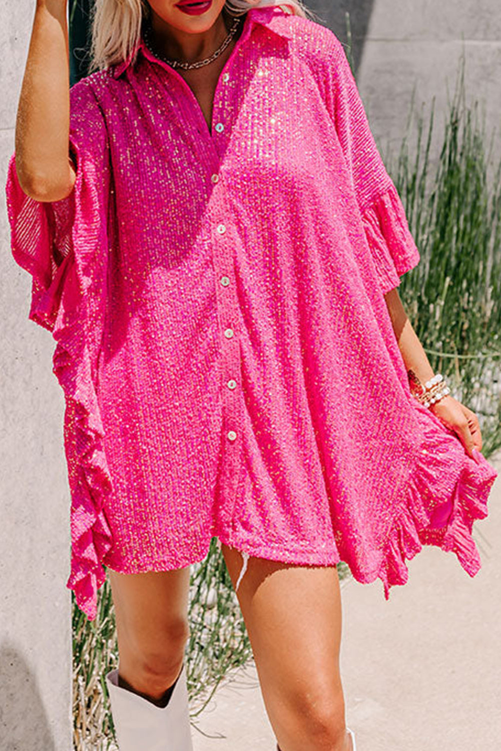 Strawberry Pink Ruffle Trim Sequined Loose Tunic Shirt Pre Order Dresses JT's Designer Fashion
