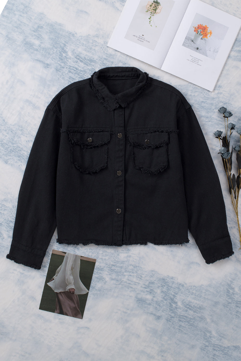 Frayed Trim Snap Down Denim Jacket Black Jackets & Coats JT's Designer Fashion