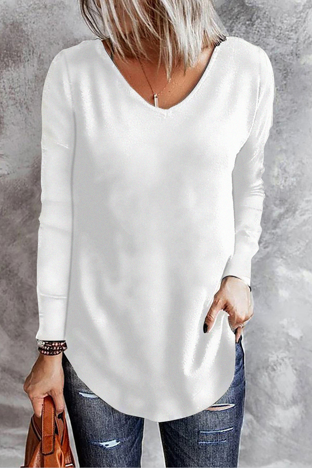 White Solid Color V Neck Long Sleeve Knit Top Long Sleeve Tops JT's Designer Fashion