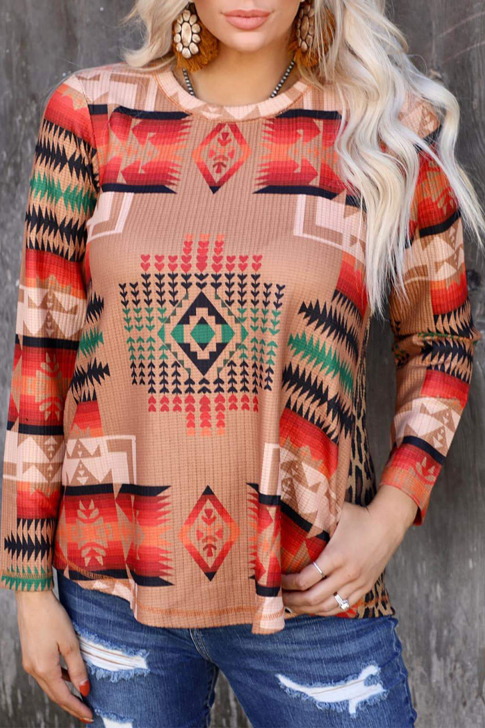 Aztec Leopard Back Long Sleeve Top Khaki 95%Polyester+5%Elastane Long Sleeve Tops JT's Designer Fashion