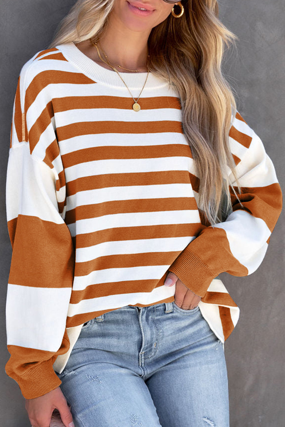 Brown Stripe Drop Shoulder Striped Pullover Sweatshirt Brown 100%polyester Sweatshirts & Hoodies JT's Designer Fashion