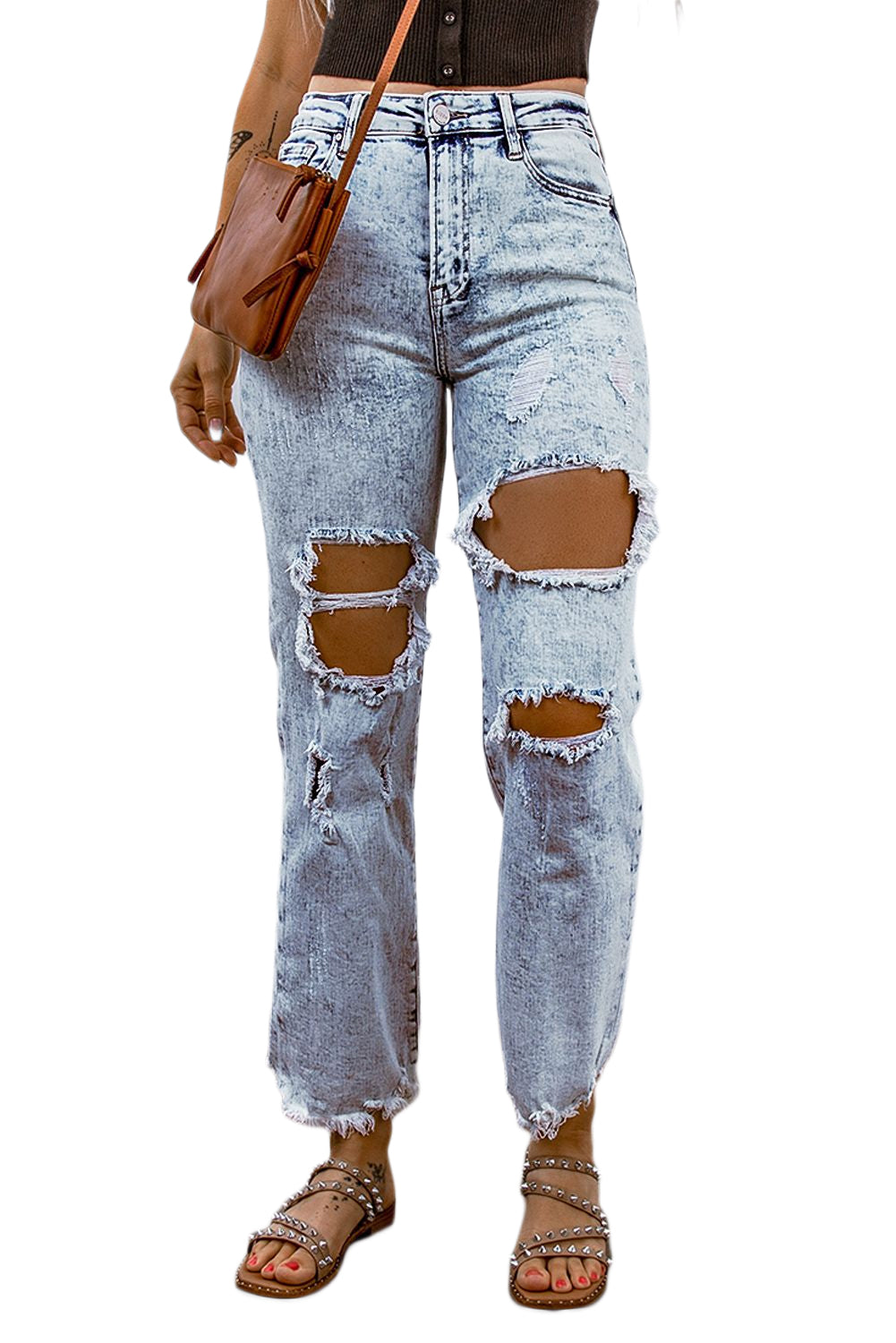 Sky Blue Hollow-out Light Washed Ripped Boyfriend Jeans Jeans JT's Designer Fashion