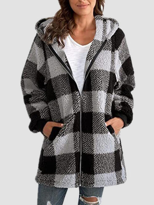 Plaid Zip Up Hooded Jacket with Pockets Charcoal Coats & Jackets JT's Designer Fashion
