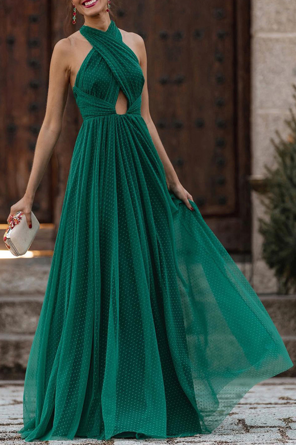 Green Polka Dot Criss Cross Halter Neck Prom Dress Green 88%Polyamide+12%Elastane Maxi Dresses JT's Designer Fashion
