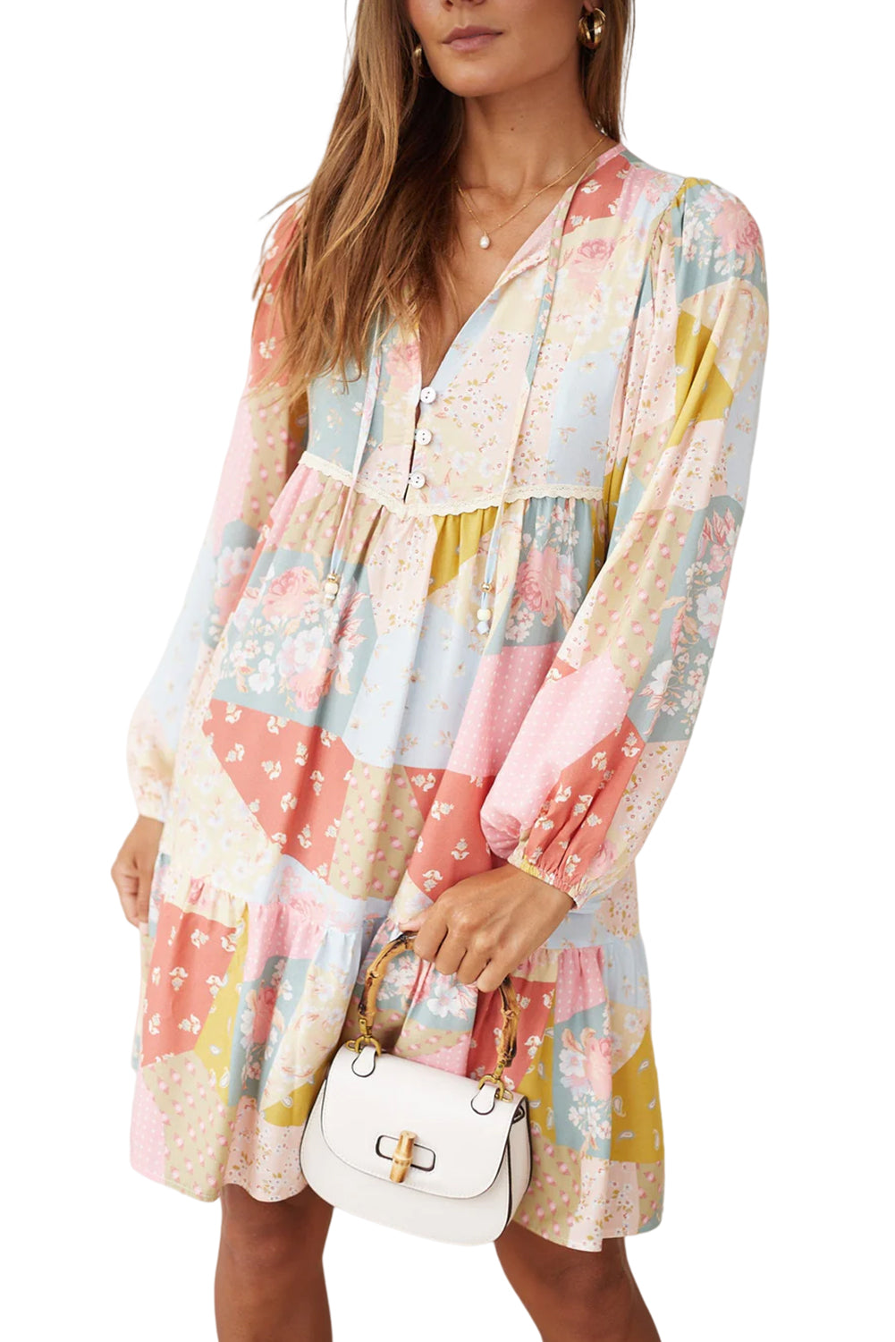 Multicolor Floral Puff Sleeve Buttoned V-Neck Dress Floral Dresses JT's Designer Fashion