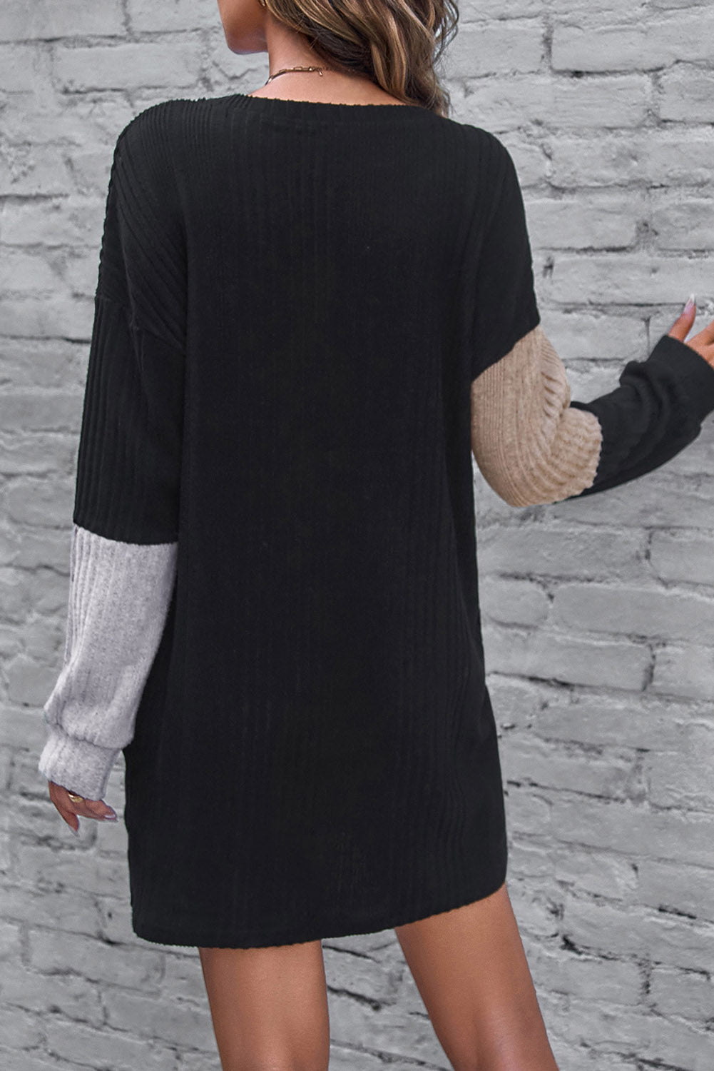 Black Ribbed Color Block Drop Shoulder Mini Dress Dresses JT's Designer Fashion