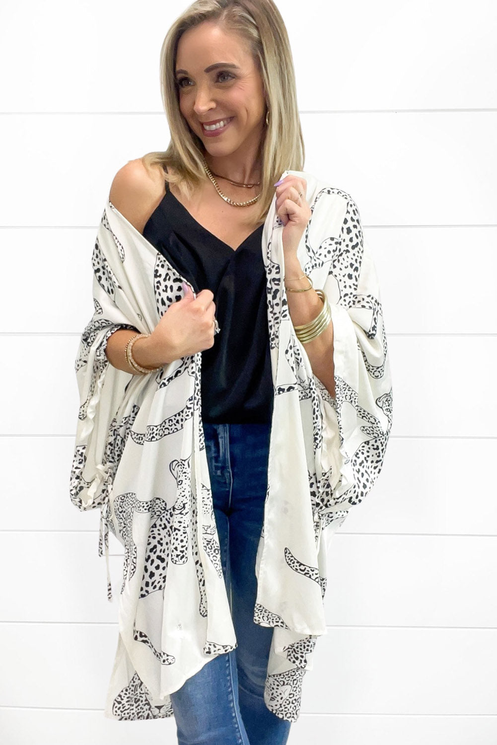 White Cheetah Print Loose Fit Open Front Cardigan Outerwear JT's Designer Fashion
