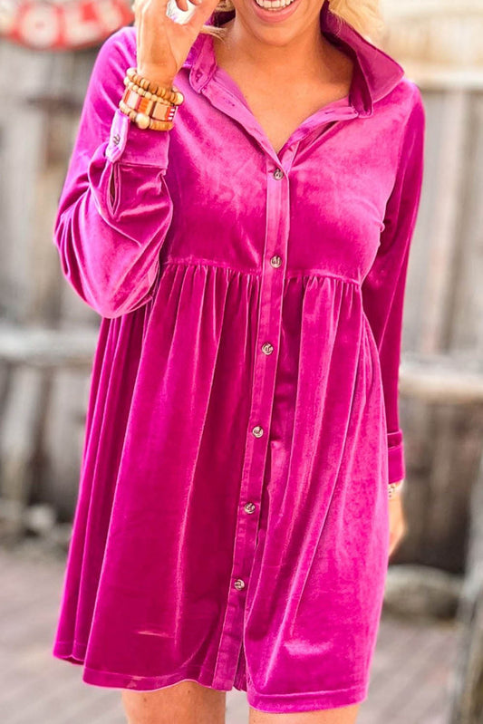 Rose Long Sleeve Ruffle Velvet Button Up Dress Dresses JT's Designer Fashion