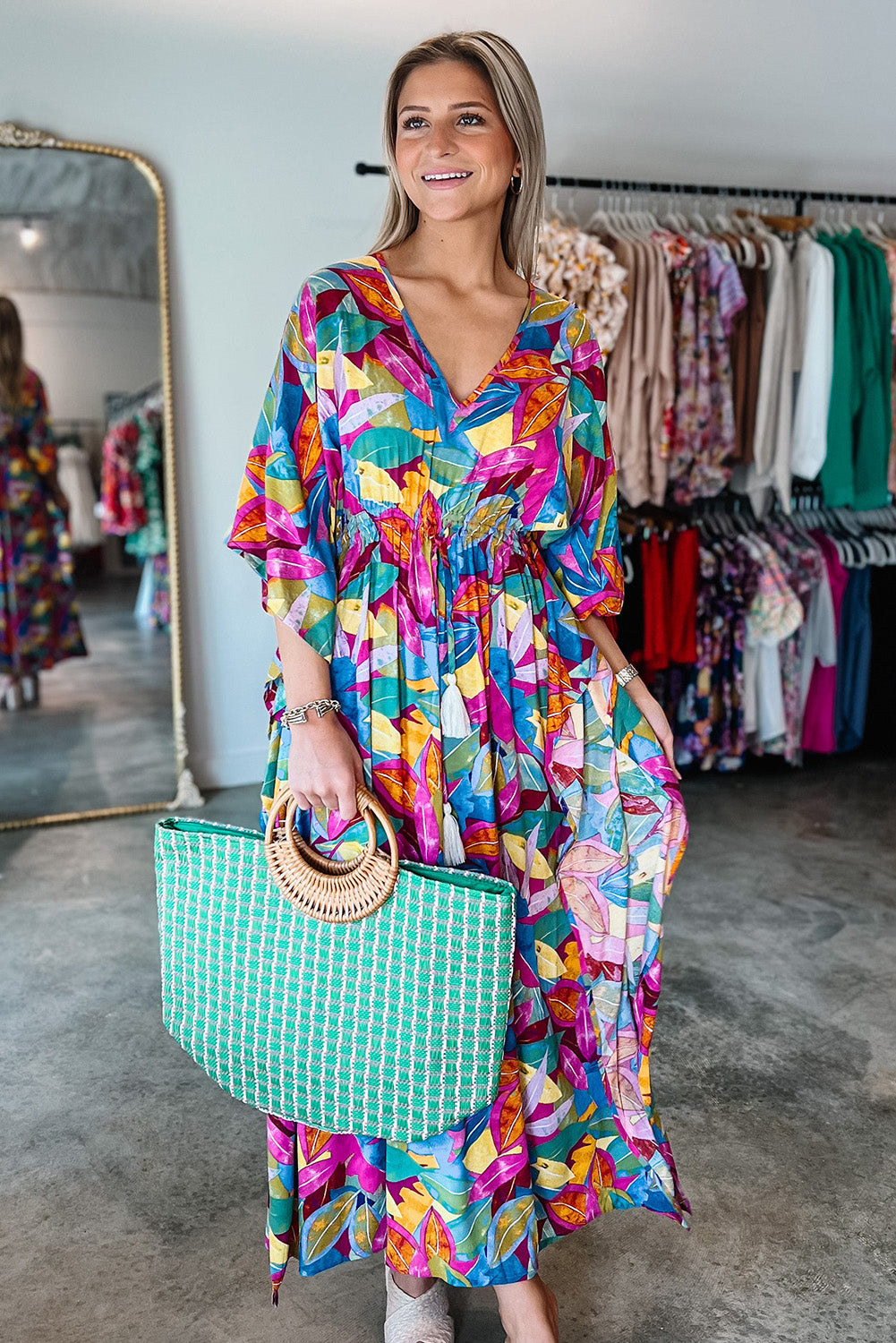 Multicolour Abstract Print High Waist V Neck Maxi Dress Dresses JT's Designer Fashion