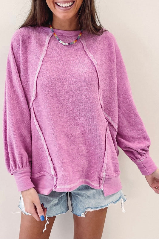 Pink Expose Seam Detail Terry Pullover Tops & Tees JT's Designer Fashion
