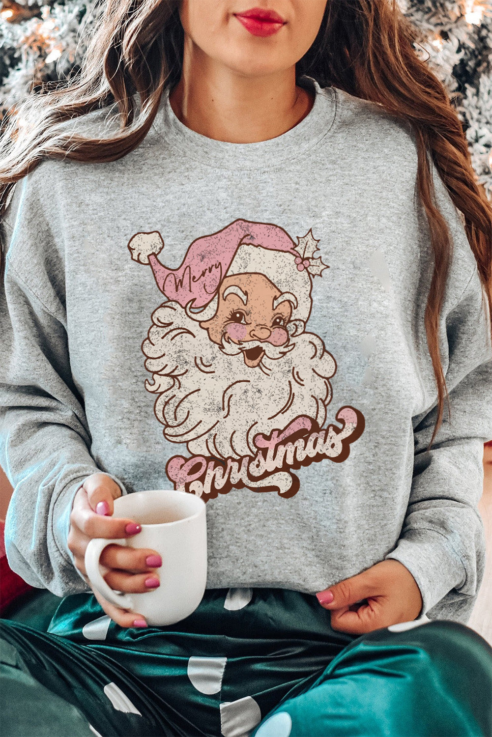 Gray Christmas Santa Claus Graphic Sweatshirt Gray 70%Polyester+30%Cotton Graphic Sweatshirts JT's Designer Fashion