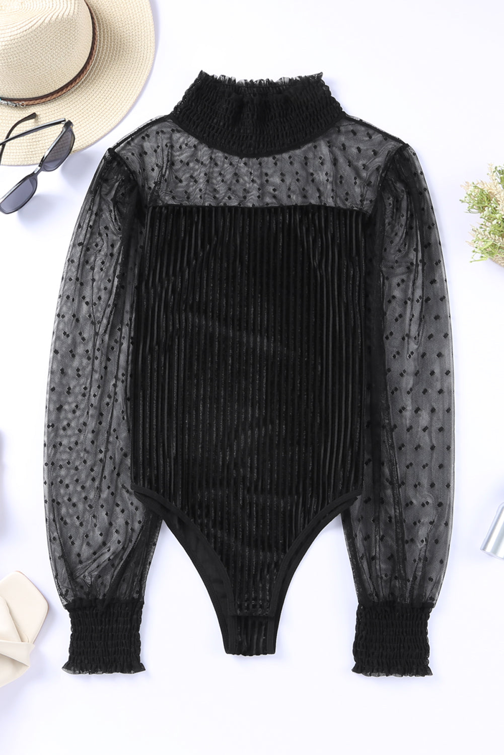 Black Sheer Dotty Long Sleeve Ribbed Velvet Bodysuit Bodysuits JT's Designer Fashion