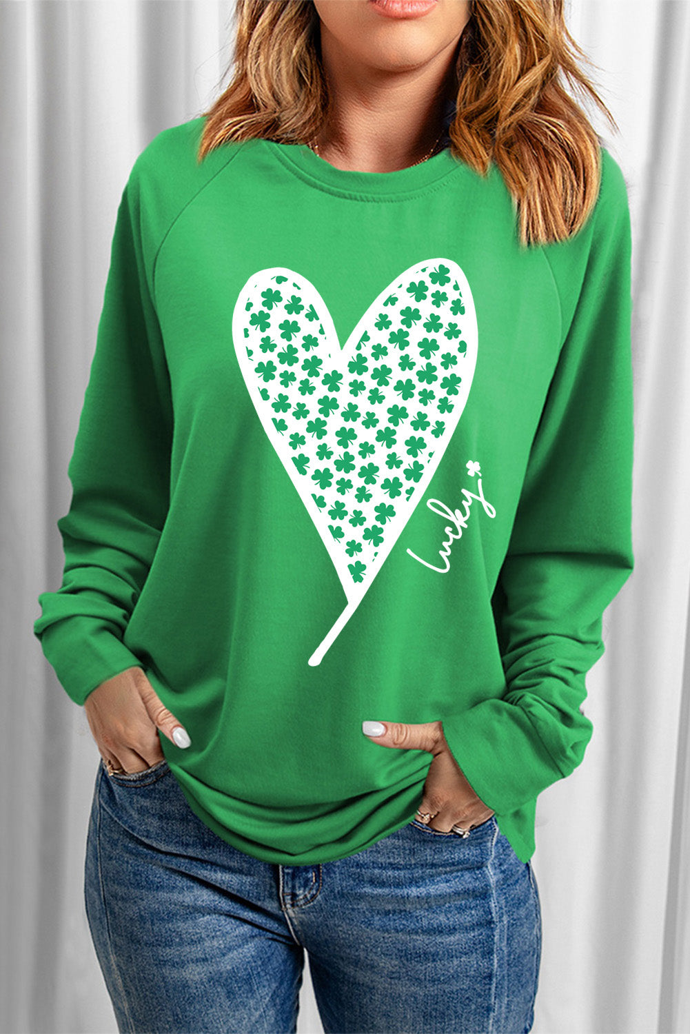 Green Lucky Clover Heart Graphic Raglan Sleeve Sweatshirt Graphic Sweatshirts JT's Designer Fashion