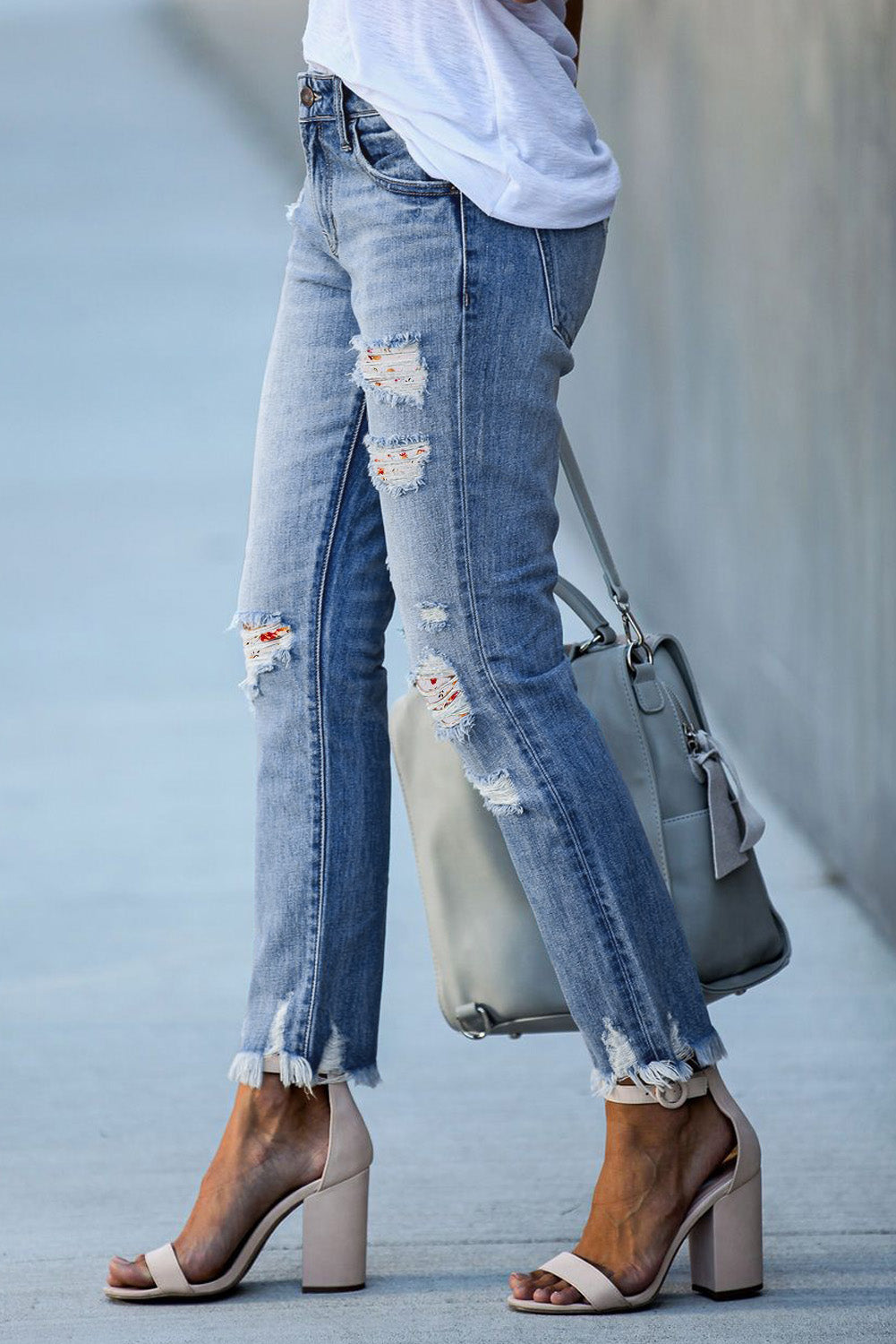 White Floral Print Patch Distressed Raw Hem Jeans Jeans JT's Designer Fashion