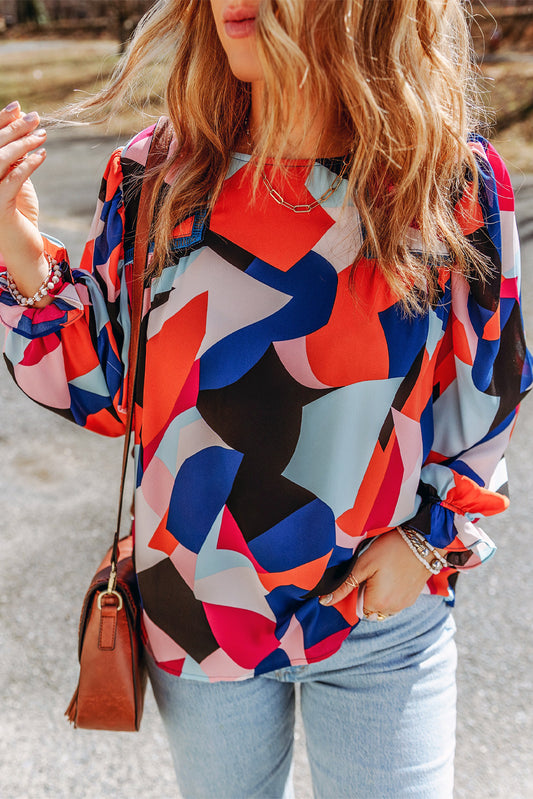 Abstract Pattern Crewneck Ruffled Puff Sleeve Blouse Blouses & Shirts JT's Designer Fashion