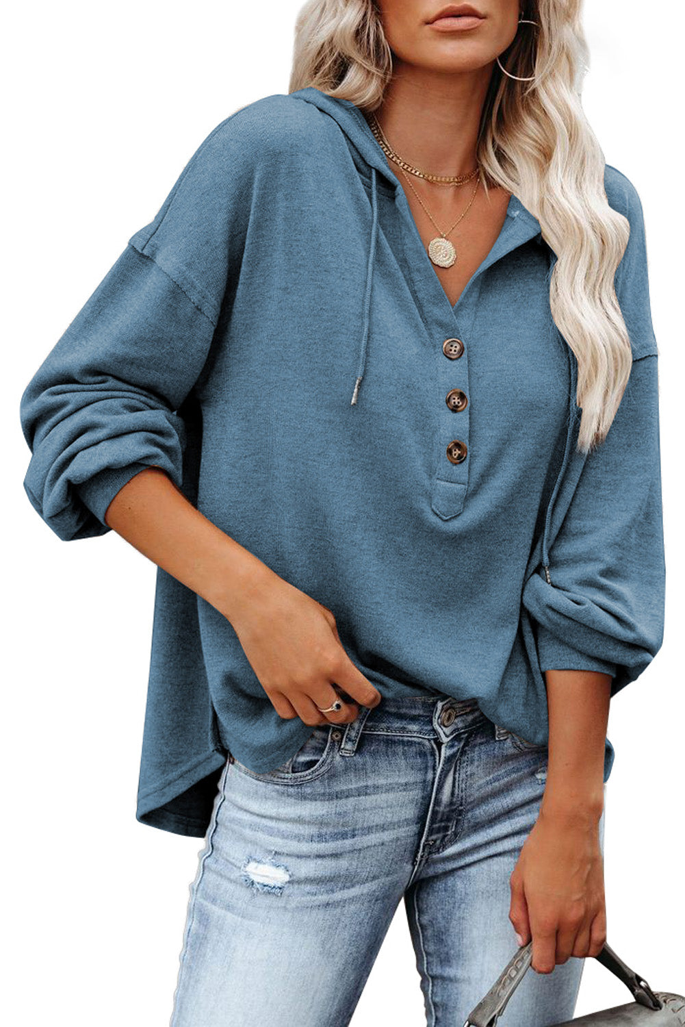 Sky Blue Buttoned High and Low Hem Hoodie Sweatshirts & Hoodies JT's Designer Fashion