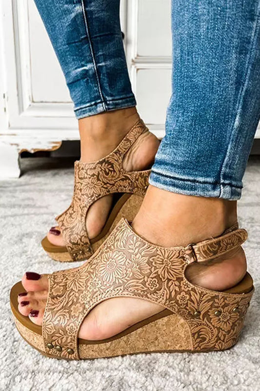 Brown Vintage Floral Leather Rivet Hollowed Platform Sandals Sandals JT's Designer Fashion